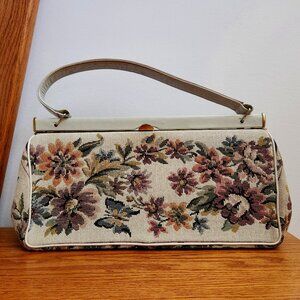 1960-S“ LA MARQUISE” VINTAGE FLORAL TAPESTRY AND LEATHER BAG